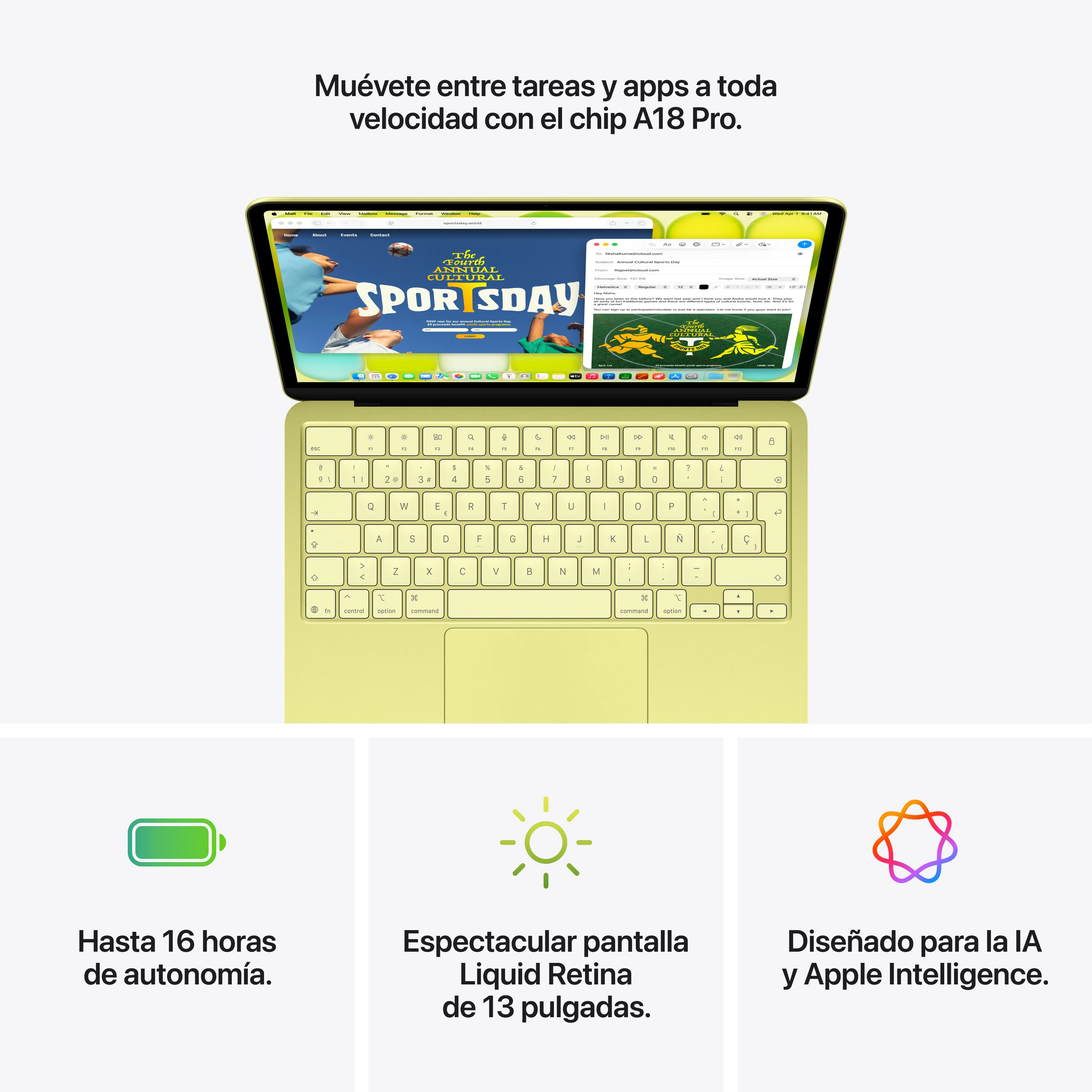 MacBook Neo de 13 pulgadas: Chip A18 Pro de Apple con CPU de 6 núcleos y GPU de 5 núcleos, Magic Keyboard, 256 GB SSD - Cítrico - Image 9