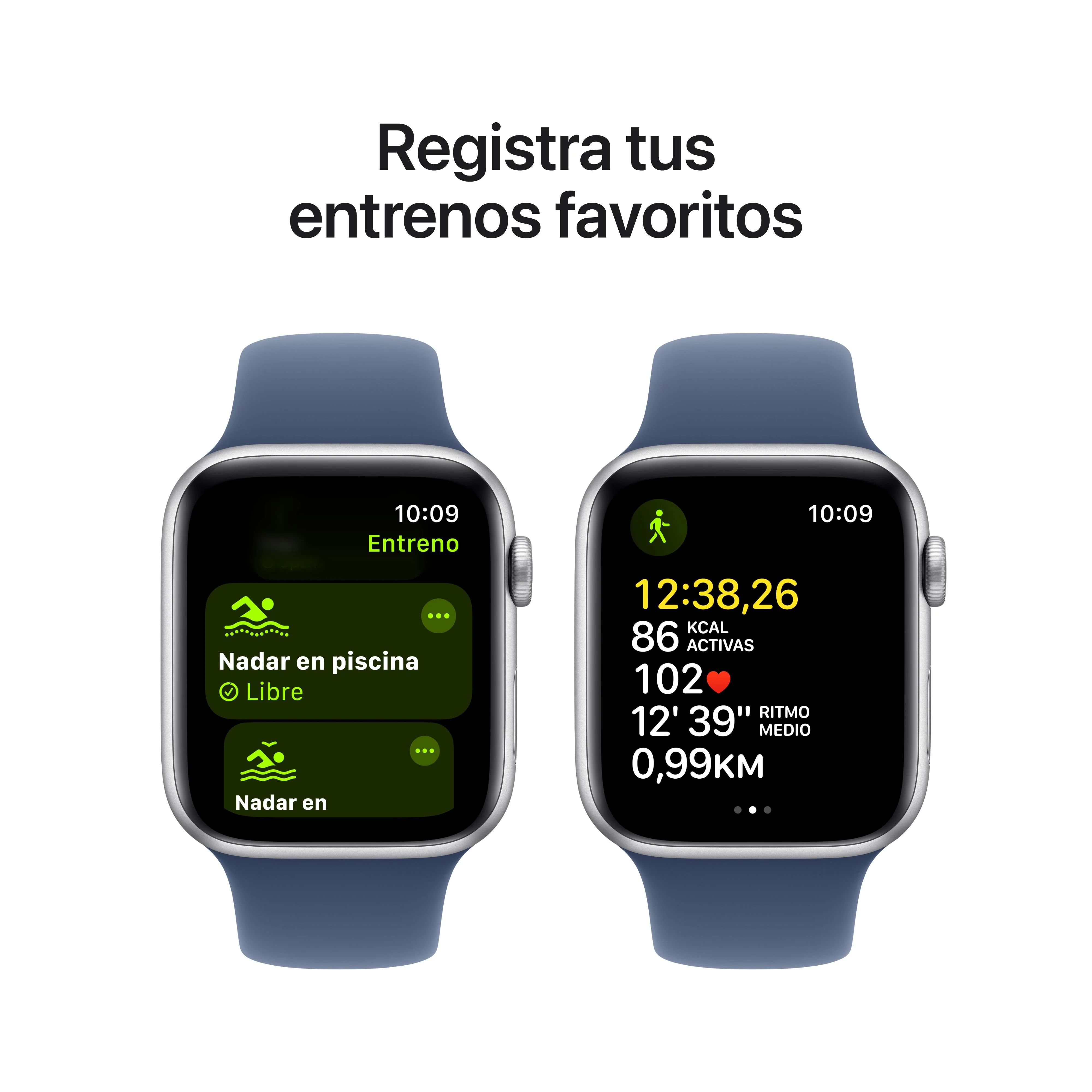 Apple Watch SE (GPS) - Caja de aluminio en plata de 44 mm - Correa deportiva azul denim - Talla M/L - Image 6