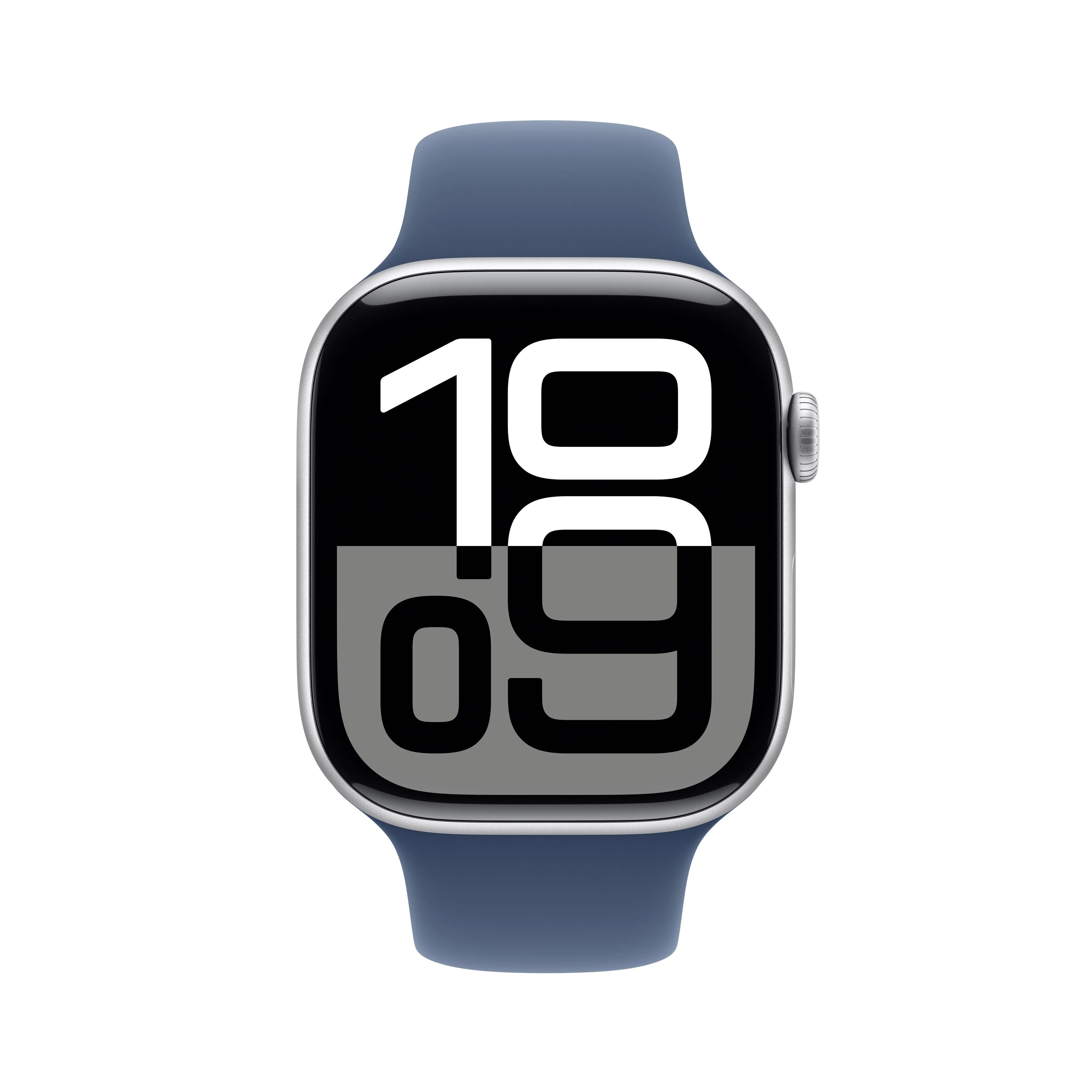 Apple Watch Series 10 (GPS) - Caja de aluminio en plata de 46 mm - Correa deportiva azul denim - Talla S/M - Image 2