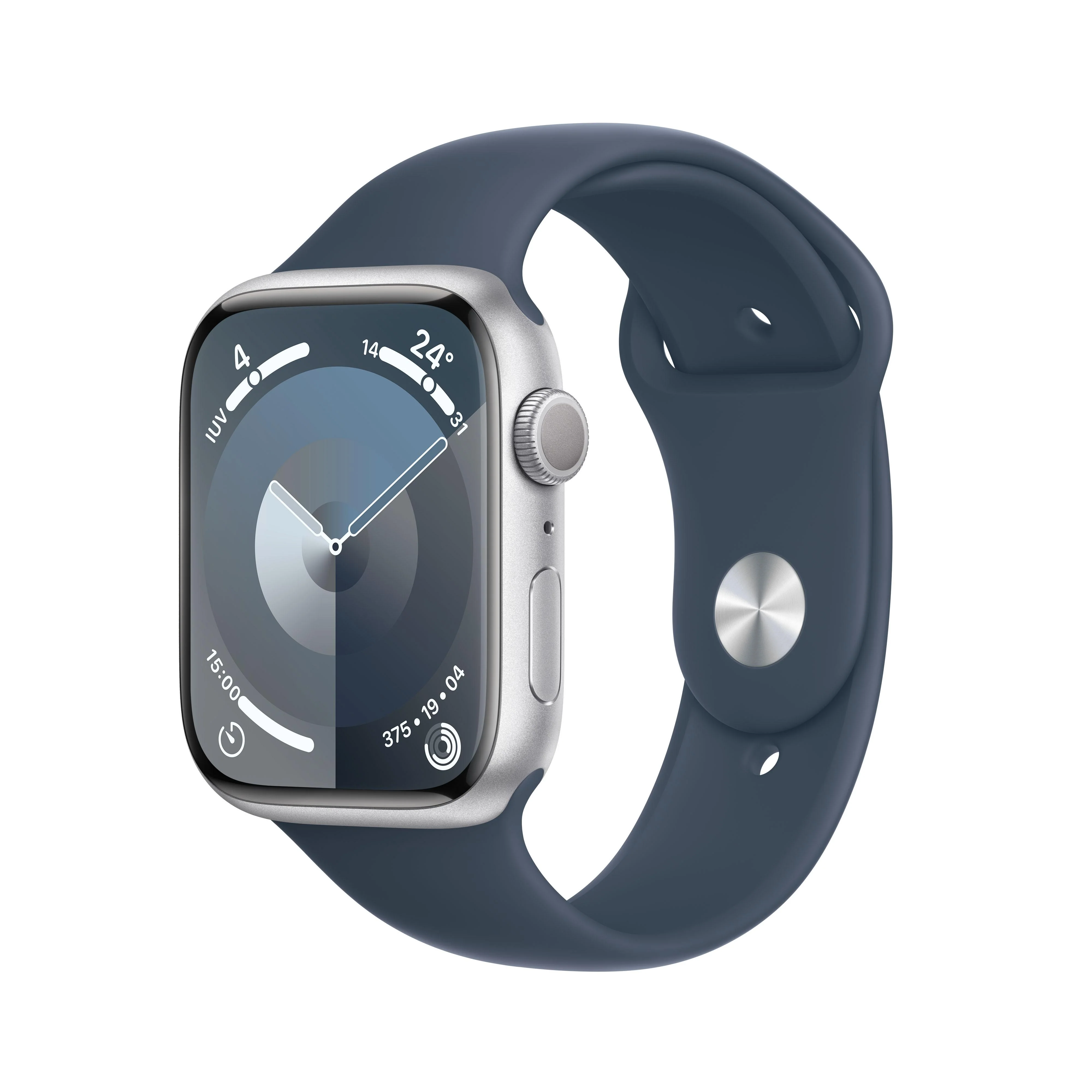 Apple Watch Series 9 (GPS) - Caja de aluminio en plata de 45 mm - Correa deportiva azul tempestad - Talla M/L