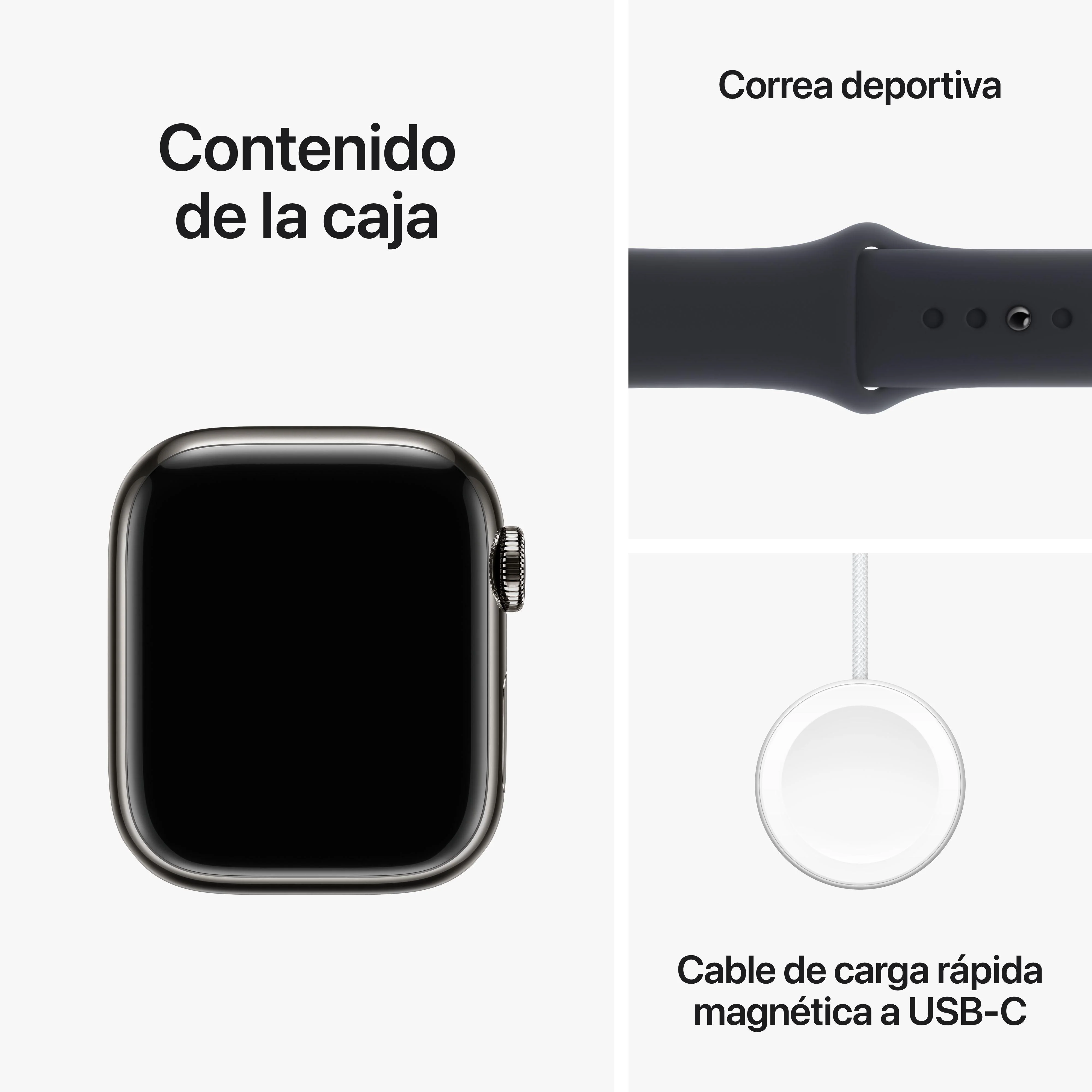 Apple Watch Series 9 (GPS + Cellular) - Caja de acero inoxidable en grafito de 41 mm - Correa deportiva color medianoche - Talla S/M - Image 10