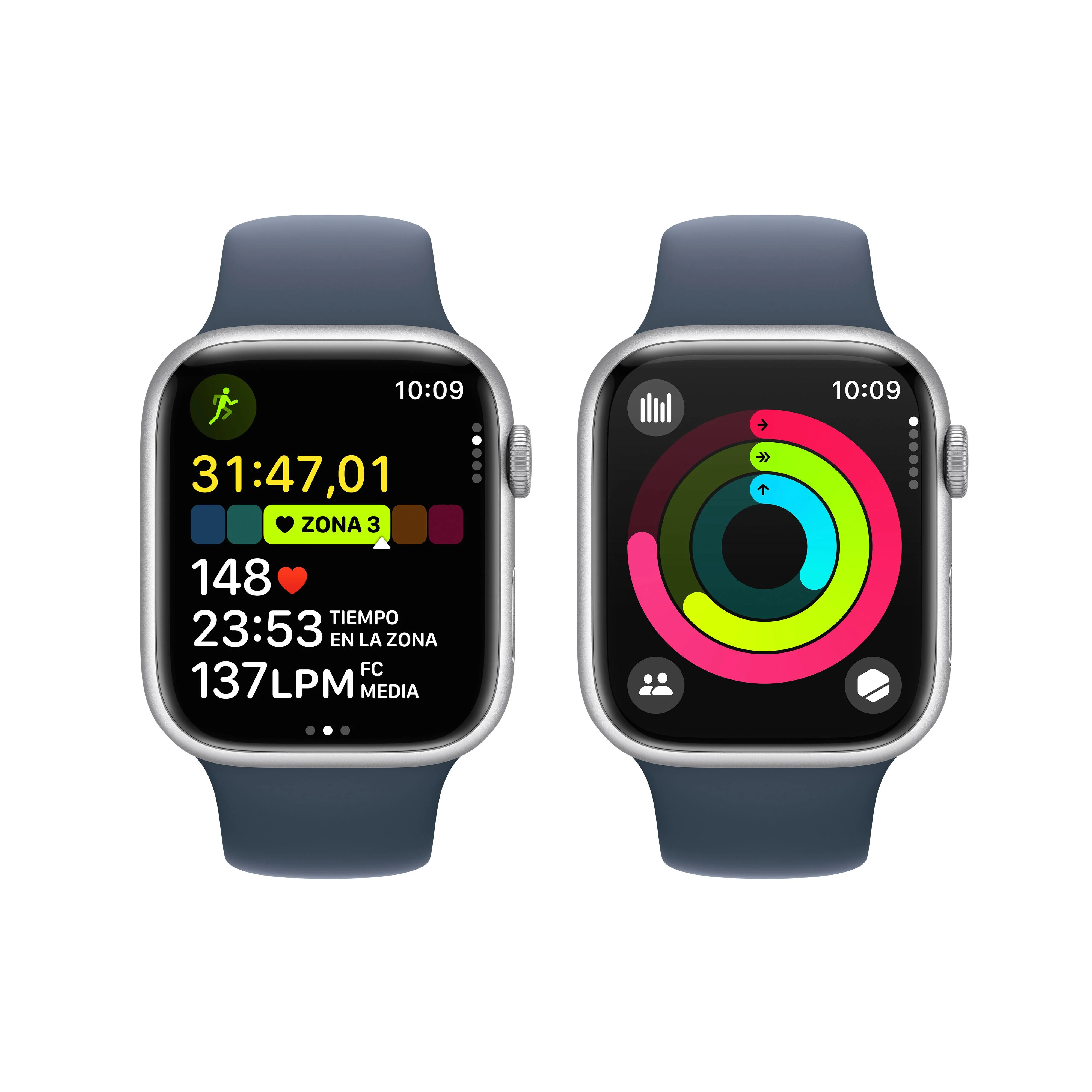 Apple Watch Series 9 (GPS + Cellular) - Caja de aluminio en plata de 45 mm - Correa deportiva azul tempestad - Talla S/M - Image 8