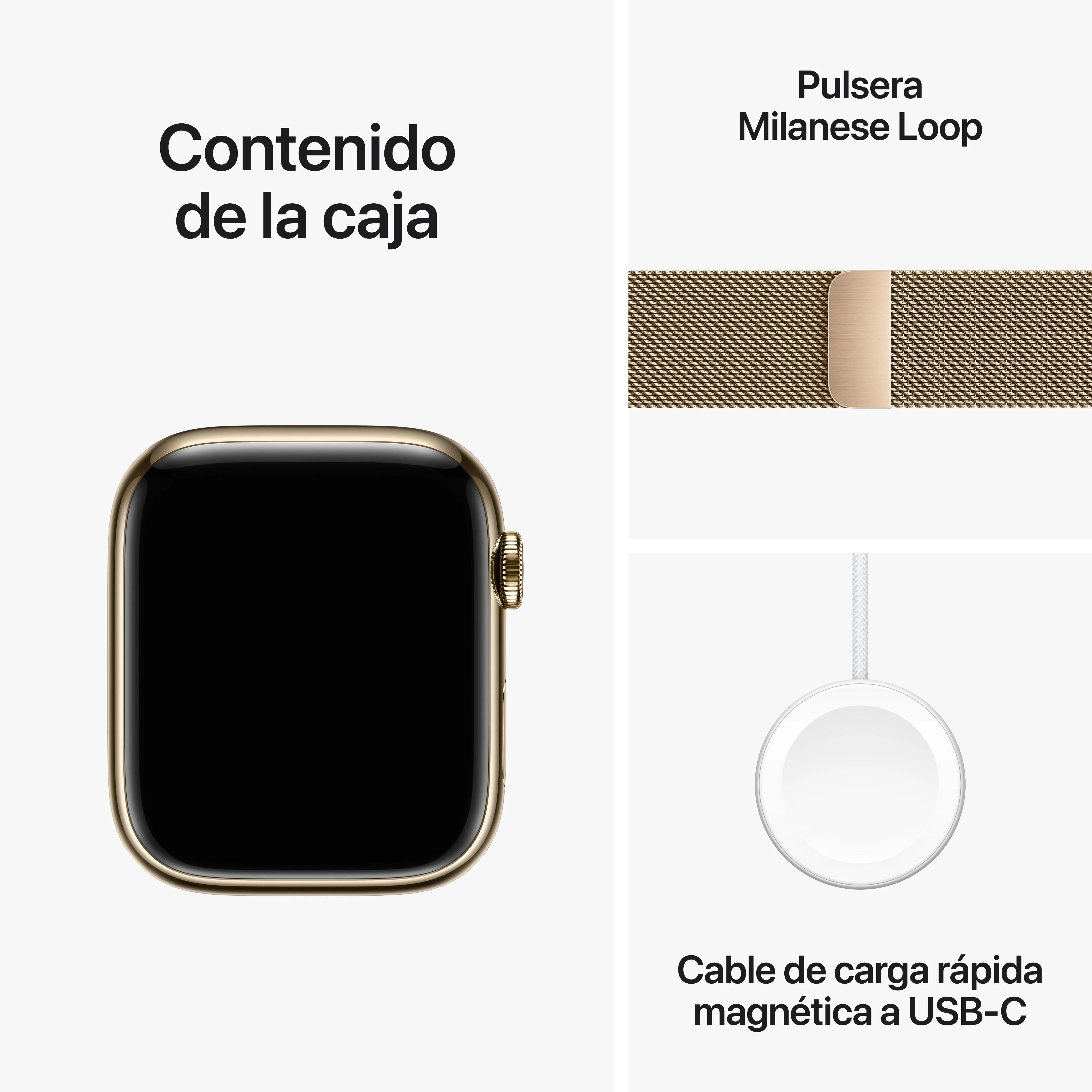 Apple Watch Series 9 (GPS + Cellular) - Caja de acero inoxidable en oro de 45 mm - Pulsera Milanese Loop en oro - Image 10