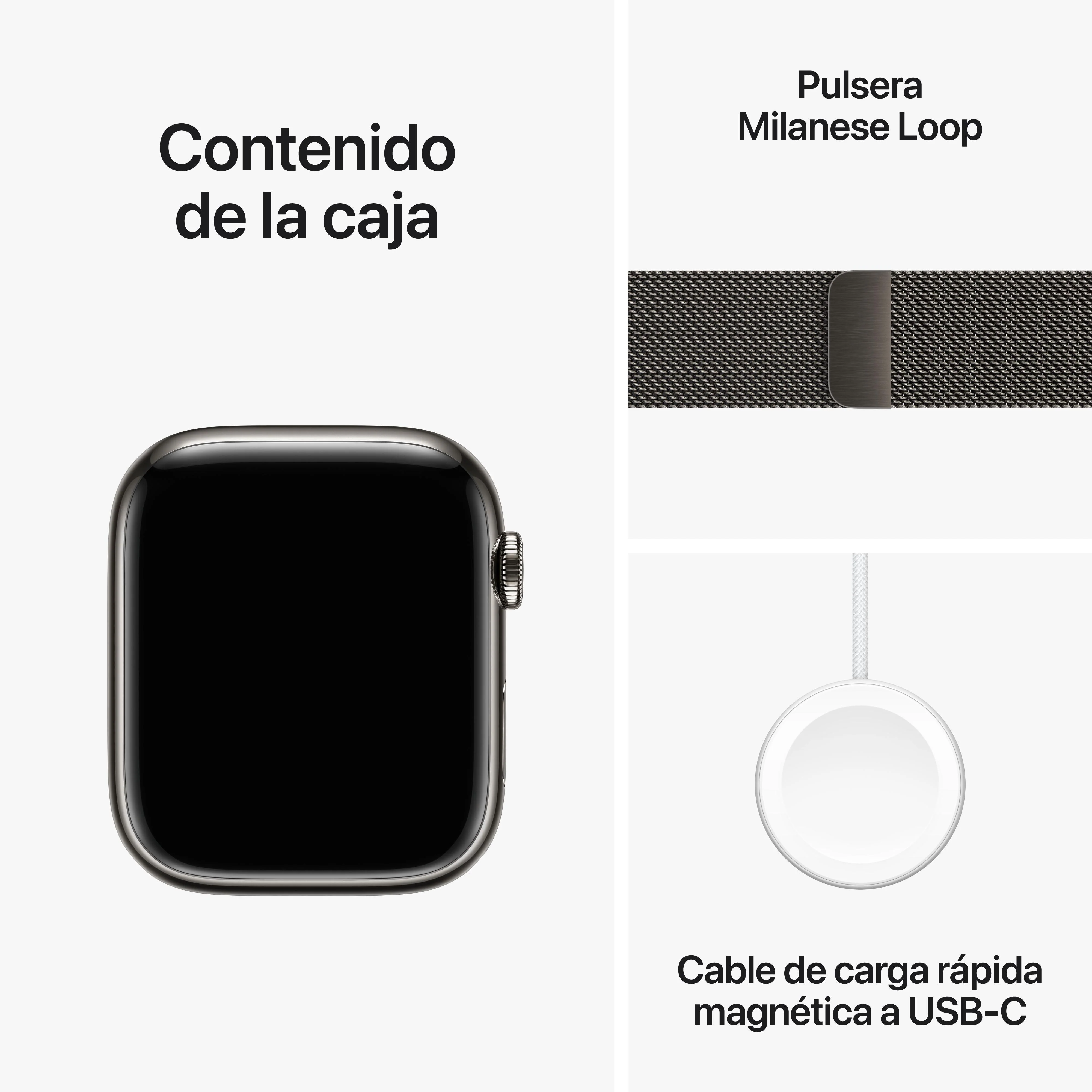 Apple Watch Series 9 (GPS + Cellular) - Caja de acero inoxidable en grafito de 45 mm - Pulsera Milanese Loop en grafito - Image 10
