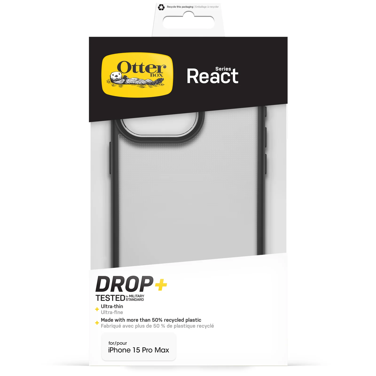 Funda para iPhone 15 Pro Max React Series de OtterBox - Black Crystal (Negro/Transparente) - Image 5